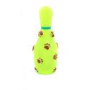 Imagen que muestra el producto Juguete Bolos Para Mascotas. Juguete mordedor en forma de bolo, cuenta con estampado de huellas y huesos, incluye sonido. Material: Plástico Color: Amarillo, rojo, verde, rosado Disponible: Razas pequeñas y medianas.