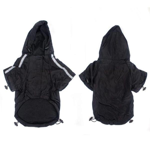 Imagen que muestra el producto Rompe Vientos Reflectiva Para Mascotas. Impermeable para mascotas, cuenta con tejido reflectivo, velcro ajustable y orificio para sacar la correa. Material: Poliéster Color: Negro, verde militar DIsponible: Razas pequeñas, medianas y grandes.