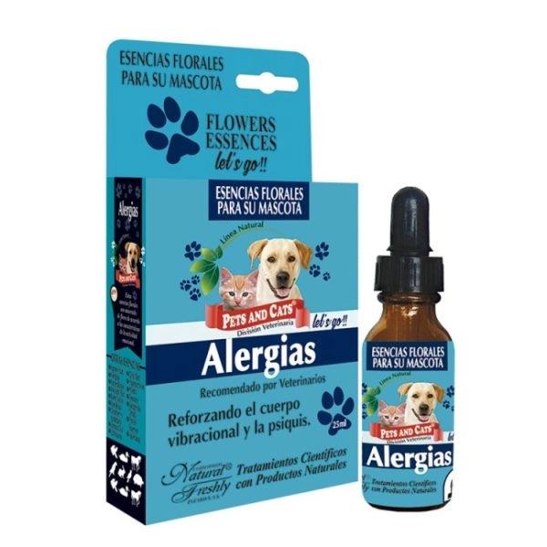 Imagen que muestra el producto Esencia Alergias Lets Go Natural Freshly 25 Ml. Esencia Alergias lets go Natural Freshly contribuye a reforzar el cuerpo vibracional cuando las mascotas han presentado alergias dérmicas o alimentarias o se han bajado sus defensas generando afecciones en la piel, respiratorias o digestivas. Ingredientes: Armonica asociación de esencias florales.  Presentación: Frasco x 25 ml con gotero Disponible: Para perros y gatos de todas las razas y edades.