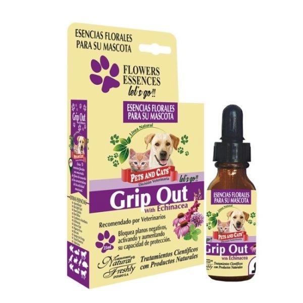 Imagen que muestra el producto Esencia Grip Out With Echinacea Lets Go Natural Freshly 25 Ml. Esencia Grip Out with Echinacea lets go Natural Freshly ayuda a incrementar la respuesta inmune del tracto respiratorio como prevención y tratamiento complementario de enfermedades infecciosas ocasionadas por virus y/o bacterias. Ingredientes: Armonica asociación de esencias florales.  Presentación: Frasco x 25 ml con gotero Disponible: Para perros y gatos de todas las razas y edades.