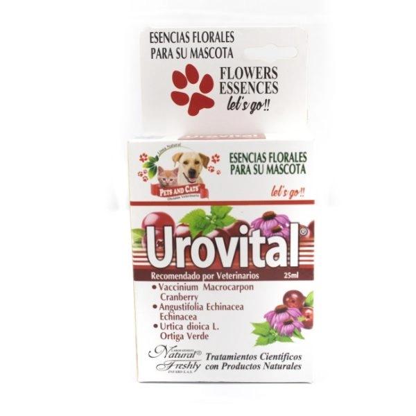 Imagen que muestra el producto Esencia Urovital Lets Go Natural Freshly. Urovital es una esencia floral diseñada para el cuidado integral del sistema urinario de tus mascotas. Especialmente formulado para prevenir y tratar infecciones urinarias, asegurando el bienestar de perros y gatos. Ingredientes: Arándano, echinacea y ortiga verde Presentación: 25ML Disponible: Para perros y gatos de todas las razas y edades.