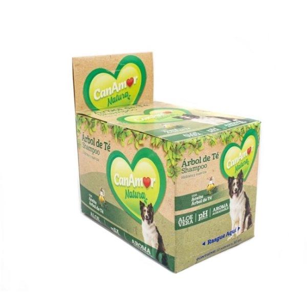 Imagen que muestra el producto Shampoo Canamor Arbol De Te 30 Ml. Shampoo CanAmor Árbol de té está indicado para el lavado y limpieza del pelo. Hidrata y suaviza. Ingredientes: Aceite de árbol de té, glicerina.  Presentación: Caja x 12 UND. Disponible: Para perros y gatos de todas las razas y edades.