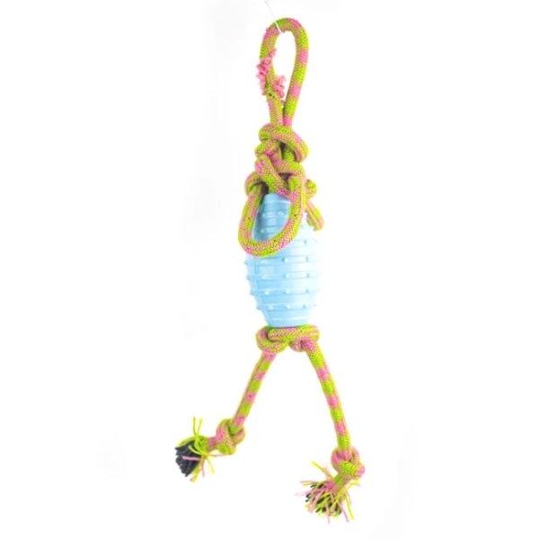 Imagen que muestra el producto Juguete Cuerda Para Mascotas. Juguete mordaza, cuenta con cuerda bicolor. Material: Plástico, Poliéster  Color: Verde, azul, rosado  Disponible: Razas medianas.