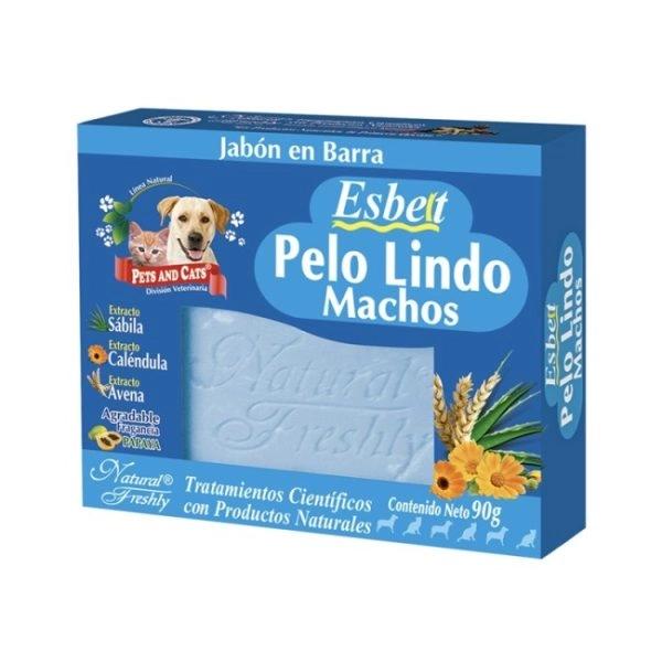 Imagen que muestra el producto Jabon Esbelt Pelo Lindo Machos Natural Freshly 90 Gr. El jabón en barra Esbelt Pelo Lindo Machos esta desarrollado para la limpieza del pelaje y la piel de las mascotas. Ingredientes: Sábila, calendula, avena.  Presentación: Barra x 90 g. Disponible: Para perros y gatos de todas las razas y edades.