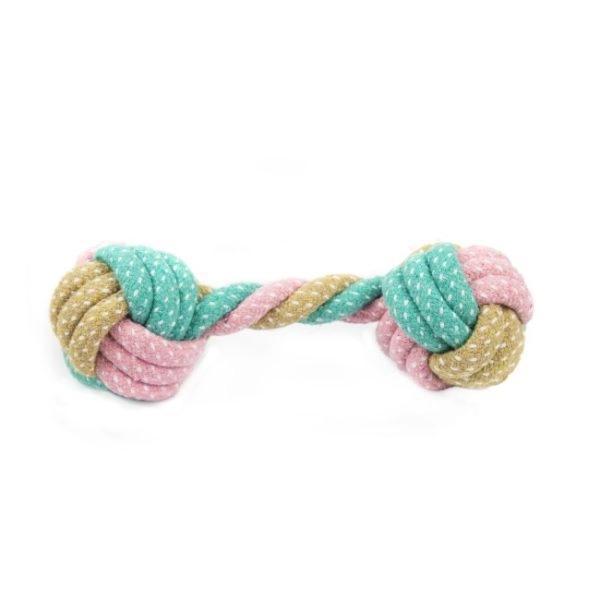 Imagen que muestra el producto Juguete Mancuerna De Cuerda Para Mascotas. Juguete de cuerda. Material: Poliéster Color: Azul y rosado, verde y amarillo, rosado y verde. Disponible: Razas pequeñas y medianas.