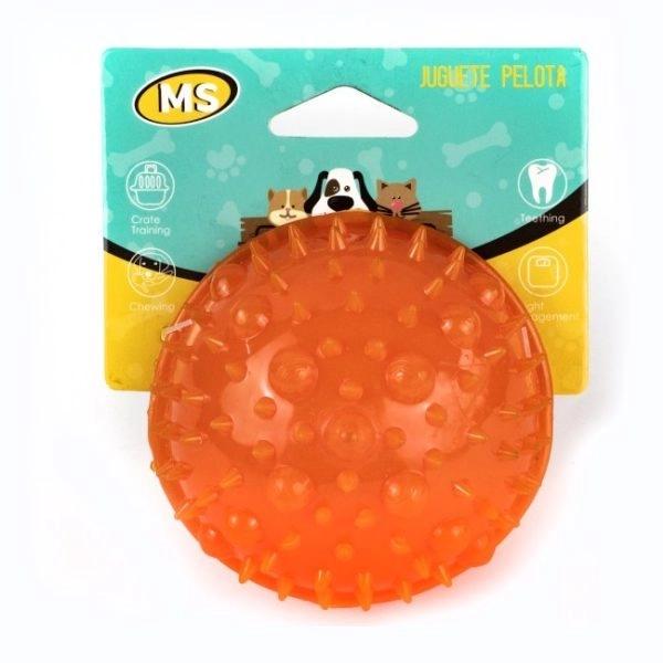 Imagen que muestra el producto Juguete Pelota Snacks Para Mascotas. Pelota de premios, cuenta con textura de púas y dos compartimentos amplios en los costados, perfectos para agregarles una mayor cantidad de croquetas. Material: Goma Color: Morado, rosado, verde, negro Disponible: Razas medianas.
