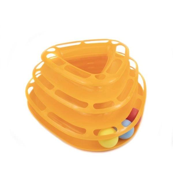 Imagen que muestra el producto Juguete Interactivo Pista De Pelotas Para Mascotas. Juguete interactivo pista de pelotas en forma de torre que cuenta con pelotas distribuídas por los tres niveles. Material: Plástico Color: Naranja, azul, rosado Disponible: Razas pequeñas