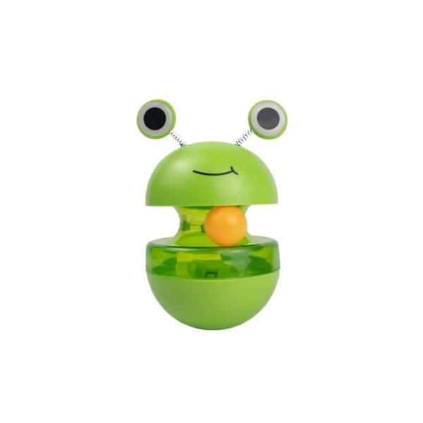 Imagen que muestra el producto Juguete Interactivo Snacks Para Mascotas. Juguete interactivo rana, cuenta con base semiesferica y pieza al costado para ajustar el tamaño del agujero en la parte inferior para la salida de snacks. Material: Plástico Color: Disponible en la foto. Disponible: Razas pequeñas.