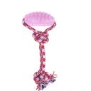 Imagen que muestra el producto Juguete Mordaza Con Cuerda Para Mascotas. Juguete mordaza, cuenta con cuerda bicolor. Material: Plástico, Poliéster Color: Verde, azul, rosado Disponible: Razas medianas.