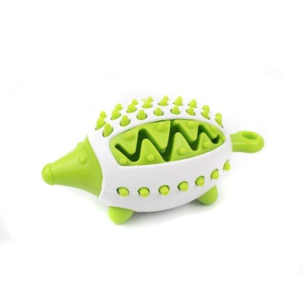 Imagen que muestra el producto Juguete Premios Para Mascota. Juguete dispensador de premios, cuenta con diseño de puercoespín y canales de limpieza de dientes en ambos costados, ideales para evitar la acumulación de sarro. Material: Plástico Color: Azul, verde, rosado Disponible: Razas grandes.