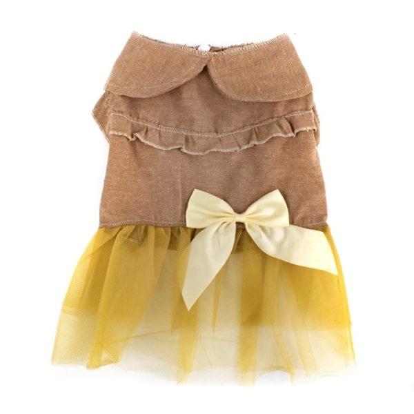 Imagen que muestra el producto Vestido Con Encaje Para Mascotas. Vestido para mascotas, cuenta con botones, moño decorativo y falda tipo tutu. Material: Poliéster Color: Azul, negro, café Disponible: Razas pequeñas.