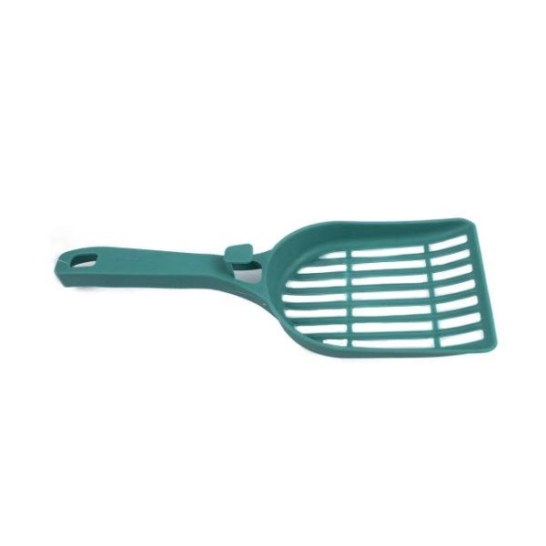 Imagen que muestra el producto Pala Con Orificios Para Mascotas. Pala fácil de manejar, cuenta con orificios que hacen un efecto colador para recoger solo los desperdicios de su mascotas. Material: Plástico Color: Azul, amarillo, verde, naranja Disponible: Razas pequeñas.