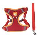 Imagen que muestra el producto Pechera Estilo Chaleco Para Mascotas. Pechera anti-tirones cuenta con hebillas ajustables, broche de seguridad y correa. Material: Poliéster, metal Color: Café, naranja, verde, rojo Disponible: Razas pequeñas, medianas