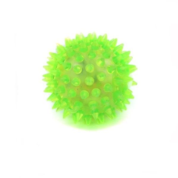 Imagen que muestra el producto Pelota De Dentición Con Luz Del Para Mascotas. Pelota con superficie en forma de púas, sonido y luz led interna. Material: Caucho Color: Amarillo, naranja, rosado, verde, azul, morado Disponible: Razas pequeñas.