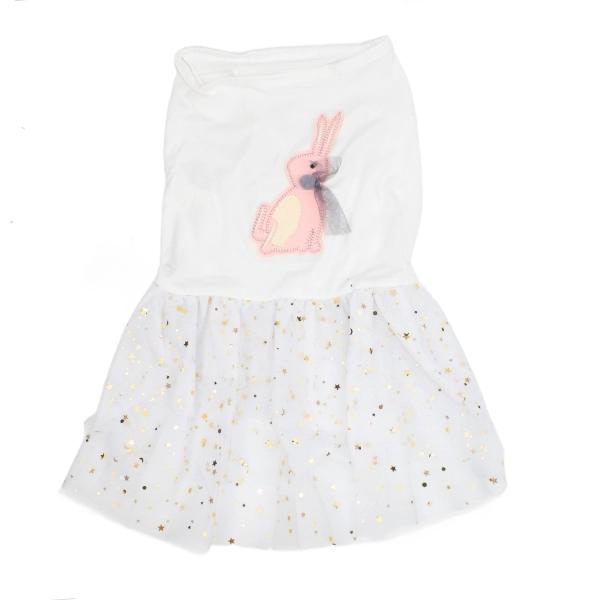 Imagen que muestra el producto Vestido Con Bordado De Conejo. Vestido bordado de conejo, cuenta con parte inferior tipo tutu y decoraciónes de lunas y estrellas doradas. “Material: Poliéster Color: Palo rosa, blanco Disponible: Razas pequeñas y medianas”