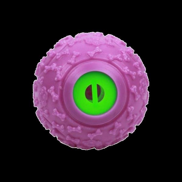 Imagen que muestra el producto Juguete Pelota Maciza Con Sonido. Juguete pelota chillona de premios. Material: Plástico Color: Rosado, negro, azul, morado Disponible: Razas pequeñas.