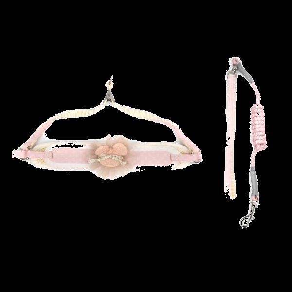 Imagen que muestra el producto Arnés Micky Para Mascotas. Arnés con correa, cuenta con gancho para ajustar y anillo tipo D para fijar la correa. Material: Poliéster Color: Beige, verde, azul, rosado Disponible: Razas pequeñas.