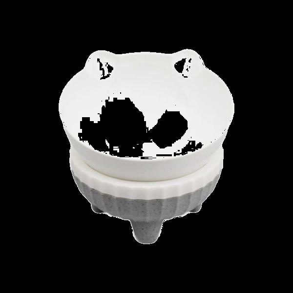Imagen que muestra el producto Comedero Elevado Gatito Para Mascotas. Comedero elevado, cuenta con base removible y recipiente en forma de gato con inclinación de 15°. Material: Melamina Color: Verde, rosado, gris Disponible: Razas pequeñas