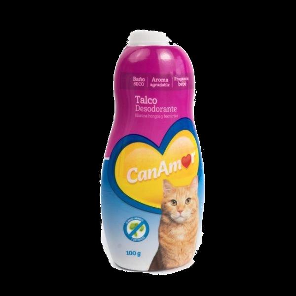 Imagen que muestra el producto Talco Canamor Desodorante Gatos 100 Ml. Talco CanAmor desodorante gatos, elimina hongos y bacterias. Aroma exclusivo a bebé. Presentación: Frasco x 100 g. Disponible: Para gatos de todas las razas y edades.