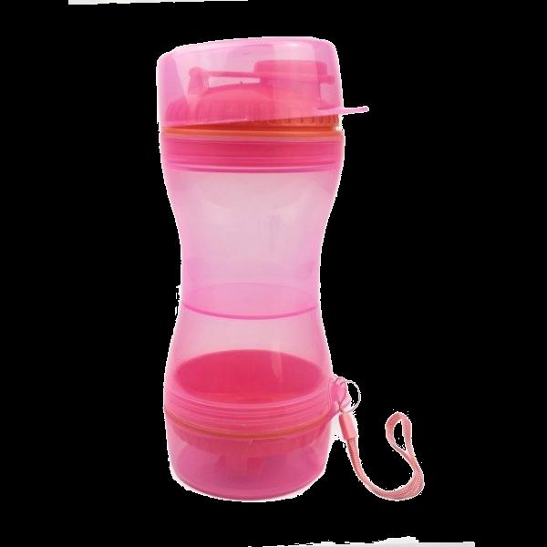 Imagen que muestra el producto Portacomida Y Bebida Para Mascotas. Termo portatil con dos compartimentos para agua y comida, cuenta con tapas doble función en cada extremo y tirilla para transportar. Capacidad de 500 ml. Material: Plástico                                                                                                       Color: Rosado, azul, verde                                                                                                         Disponible: Razas pequeñas y medianas.