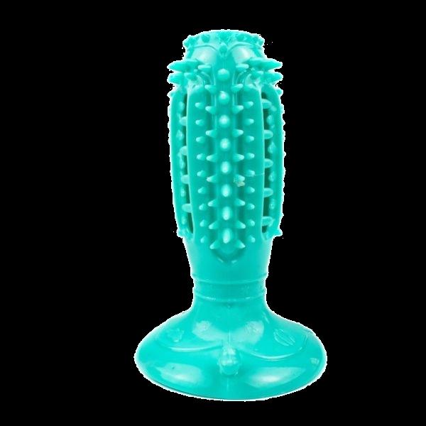 Imagen que muestra el producto Juguete Mordedor  Para Mascotas. Juguete mordedor, cuenta con cubierta de púas ideal para ayudar con la limpieza de dientes y encías de su mascota, orificios en los costados y ventosa para fijar a superficies planas. Material: Plástico Color: Amarillo, verde, azul, rosado Disponible: Razas medianas y grandes.