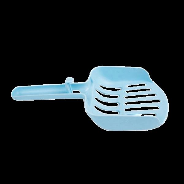 Imagen que muestra el producto Pala Para Mascotas. Pala fácil de manejar, cuenta con orificios que hacen un efecto colador para recoger solo los desperdicios de su mascotas. Material: Plástico Color: Azul, rosado, verde Disponible: Razas pequeñas.