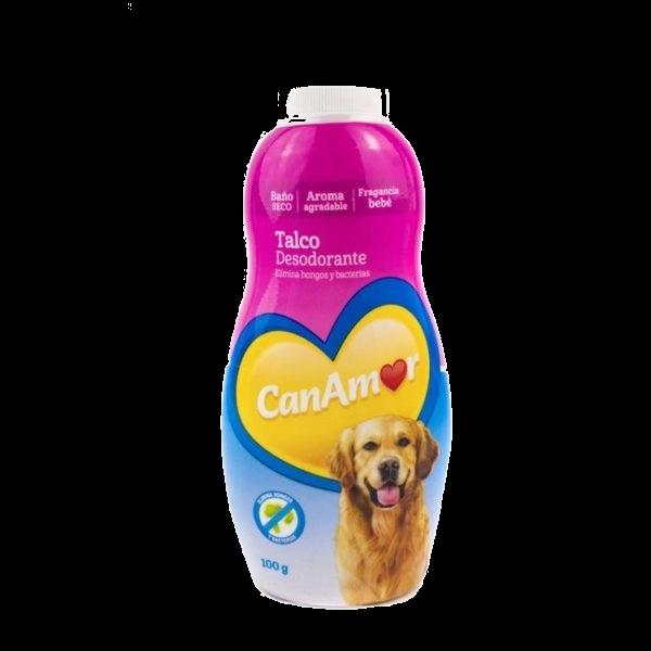 Imagen que muestra el producto Talco Canamor Desodorante 100 G. Talco CanAmor desodorante, elimina bacterias y hongos de la piel. Aroma exclusivo a bebé. Presentación: Frasco x 100 g. Disponible: Para perros de todas las razas y edades.
