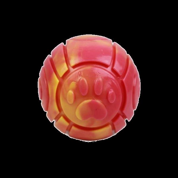 Imagen que muestra el producto Pelota Huella Chillona Para Mascotas. Juguete pelota chillona. Material: Plástico Color: Rosado, azul Disponible: Razas pequeñas y medianas