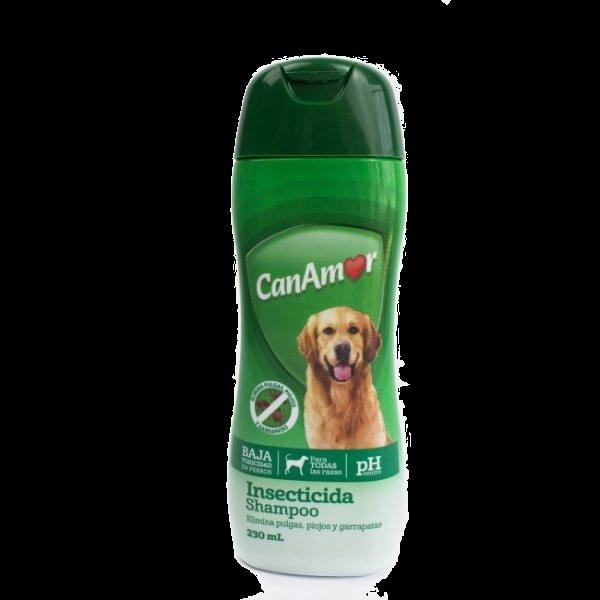 Imagen que muestra el producto Shampoo Canamor Antipulgas 230 Ml. Shampoo CanAmor antipulgas ideal para el tratamiento y control de infestaciones con parásitos externos tales como garrapatas, pulgas y piojos. No usar en animales lactantes o menores a 3 meses. No usar en gatos Presentación: Frasco x 230 ml. Disponible: Para perros de todas las razas.