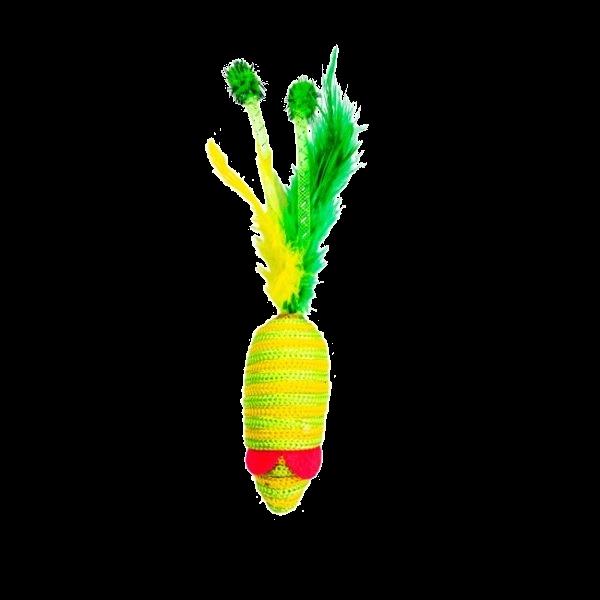 Imagen que muestra el producto Ratón Con Plumas Para Mascotas. Juguete ratón, cuenta con plumas en la parte inferior. Material: Poliéster, plumas Color: Rojo, azul, naranja, morado, verde Disponible: Razas pequeñas