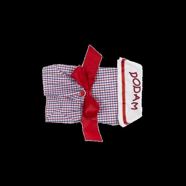 Imagen que muestra el producto Vestido Dodam Para Mascotas. Vestido DODAM para mascotas, cuenta con tejido estilo tartán con moño y botones inferiores para apuntar. Material: Poliéster Color: Rosado, azul, rojo Disponible: Razas pequeñas