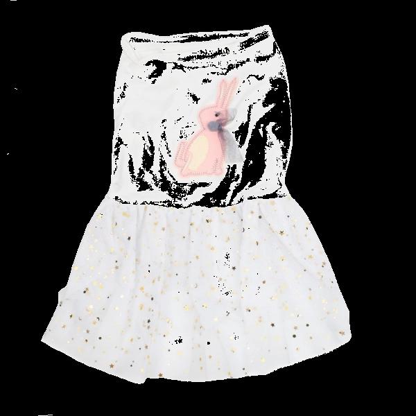 Imagen que muestra el producto Vestido Con Bordado De Conejo. Vestido bordado de conejo, cuenta con parte inferior tipo tutu y decoraciónes de lunas y estrellas doradas. “Material: Poliéster Color: Palo rosa, blanco Disponible: Razas pequeñas y medianas”