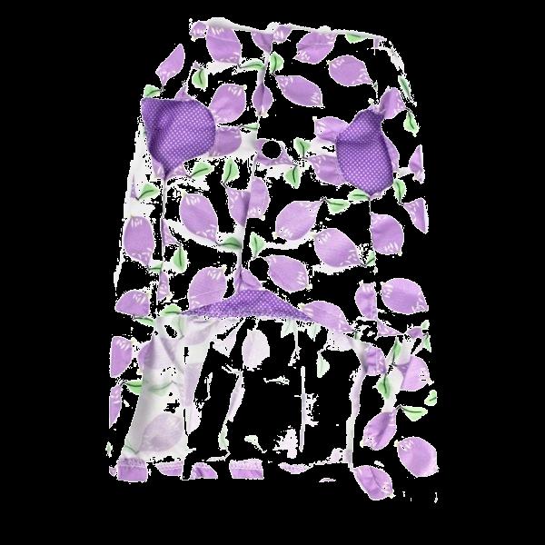 Imagen que muestra el producto Vestido Estampado Para Mascotas. Vestido estampado para mascotas, cuenta con botones y anillo tipo D para fijar la correa. Material: Poliéster Color: Azul, morado, rosado DIsponible: Razas pequeñas.